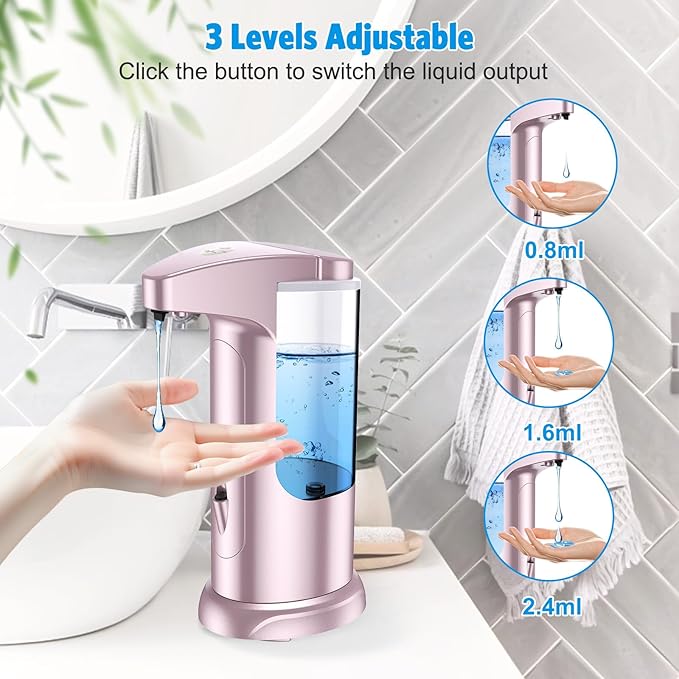 AMIR 12.5oz Touchless Automatic Soap Dispenser, Battery Operated Automatic Liquid Hand Soap Dispenser, Adjustable Volume, Water-Resistant for Kitchen and Bathroom,Pink