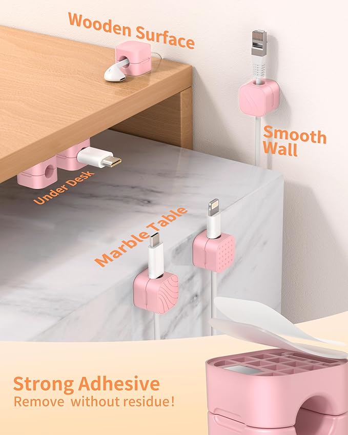 6Pack Cable Organizer Clips, Magnetic Cable Holder (1s Lock), XOVRAETH Strong Adhesive Wire Management for Desk, Nightstand, Living Room, Kitchen, Office, Car(PinkC)