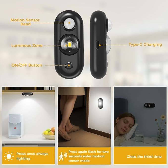 LED Motion Sensor Puck Lights, Small Rechargeable Under Cabinet Light, Dimmable Daylight White Closet Lights, Wireless Under Cabinet Lighting for Drawer, Kitchen (8 Pack)