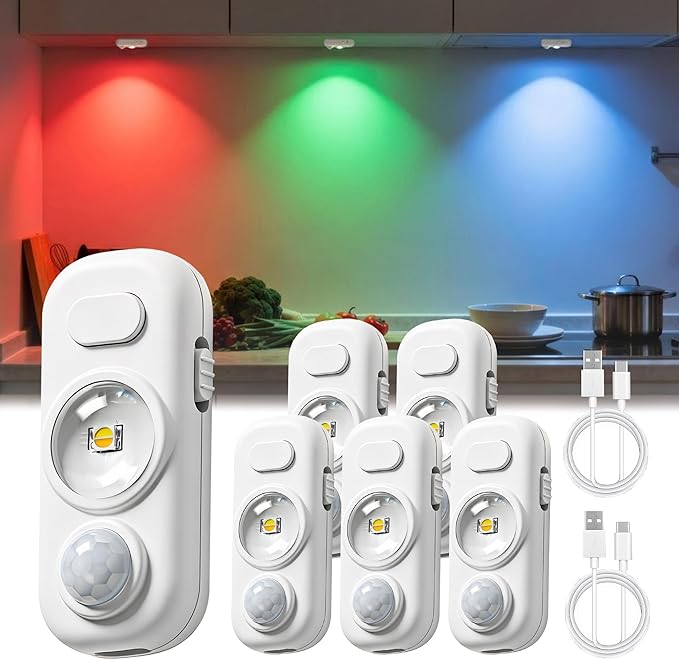 LOHAS 6-Pack Rechargeable Rotating Motion Sensor LED Puck Lights, Stick-On Wireless Magnetic Night Light, Adjustable Brightness, RGBW, Dimmable Under Counter Lights for Drawer, Kitchen, Bedroom, White