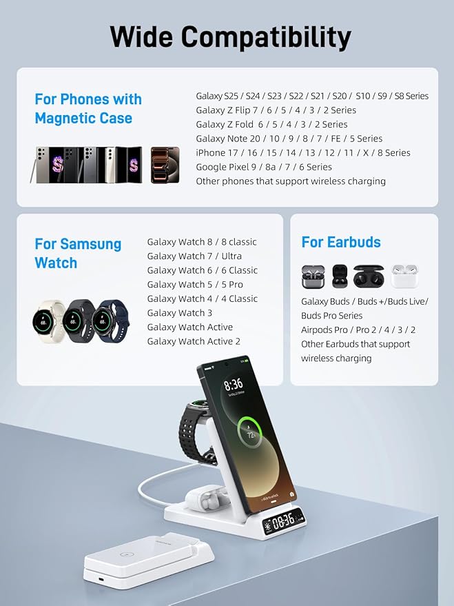 Wireless Charger for Samsung Charging Station with Clock for Samsung Galaxy S25 Ultra/S24/Z Flip 7/Fold 6/Bud, Watch Charger for Samsung Galaxy Watch 8/7/6/5, 3 in 1 Foldable Charging Station (White)
