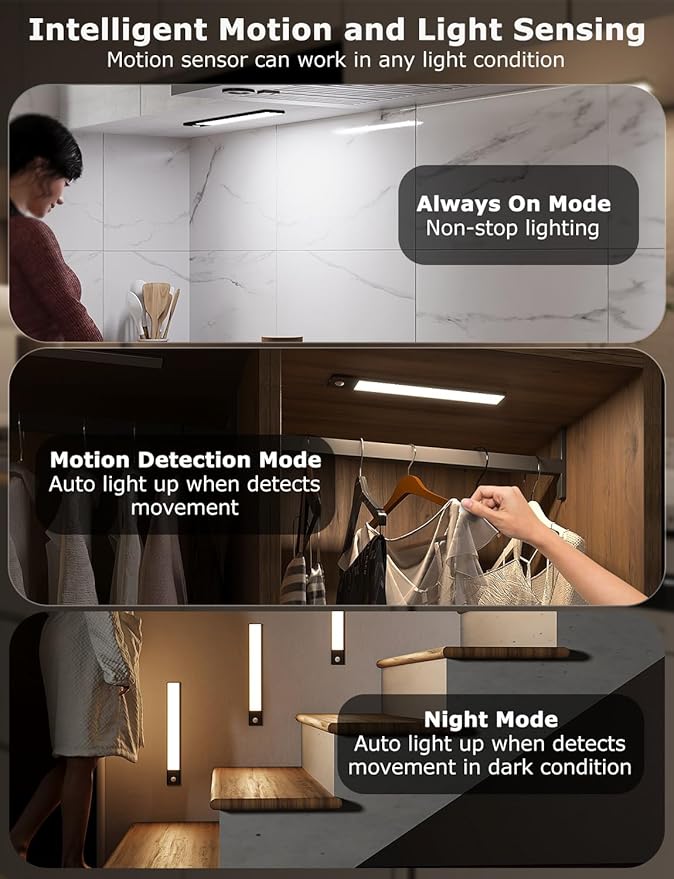 12" Ultra-Thin Under Cabinet Lighting Wireless, Aluminum Alloy Under Counter Lights for Kitchen, 3-Color-Temps Magnetic Closet Lights, Rechargeable Motion Sensor Light Indoor (4 Pack, Black)