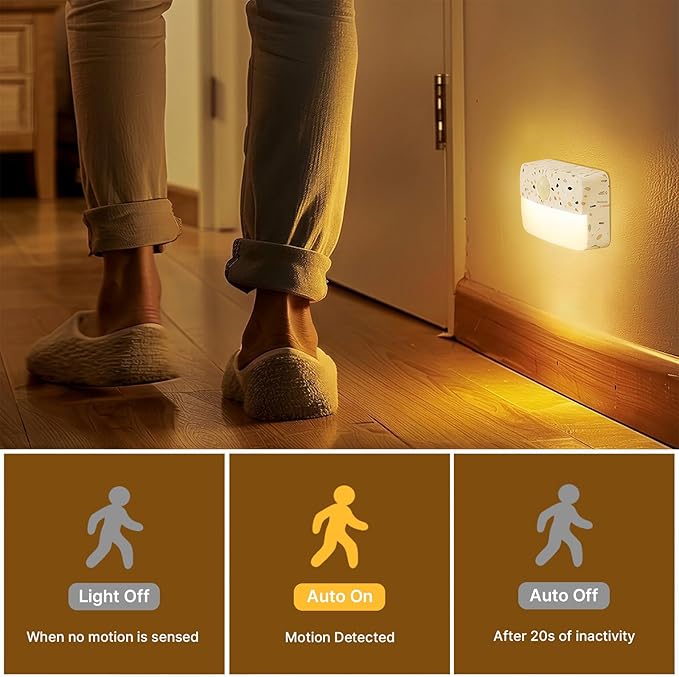 Guankai 3 Pack Motion Sensor Stair Light for Indoor, Battery Operated Closet Lights, Wireless Stick on Anywhere Hallway Lamp, Portable Led Night Lamps for Bedroom Under Cabinet Kitchen,Terrazzo White