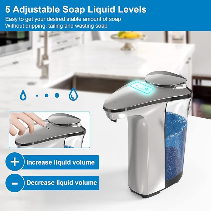PZOTRUF Automatic Soap Dispenser, Touchless Dish Soap Dispenser 17oz/500ml with Infrared Sensor, 5 Adjustable Soap Dispensing Levels, Liquid Hand Dispenser for Bathroom Kitchen Sink (Silver)