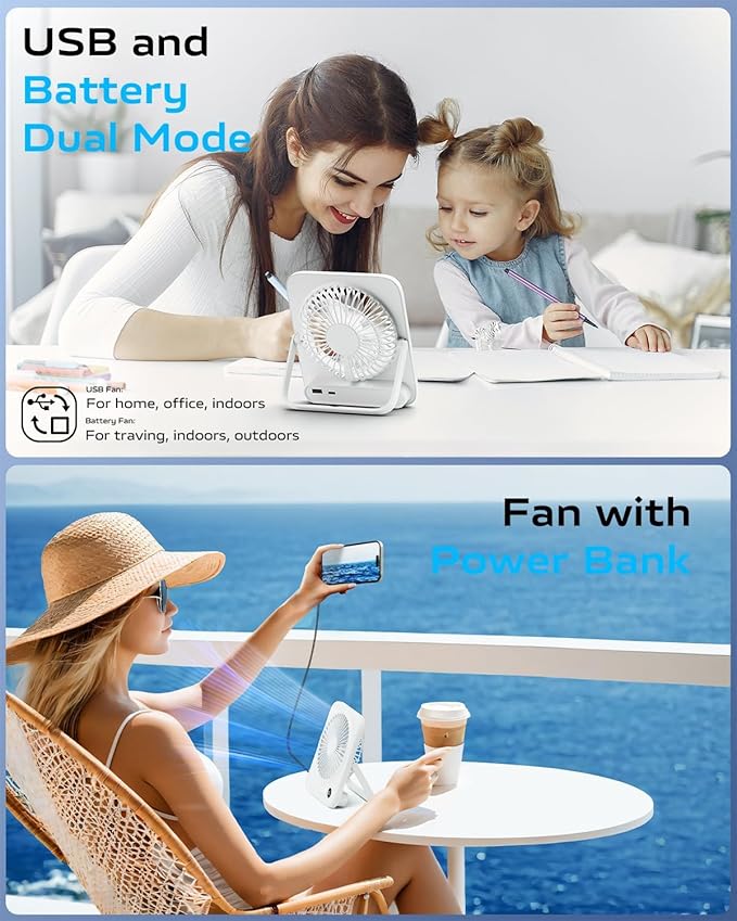 Otlonpe Portable Desk Fan 6.5 Inch, 4000mAh Rechargeable Battery Operated & USB Powered, 23Hrs Cordless Small Personal Fan 4-Speed Quiet for Office Travel Home Sleeping, Led Display, Foldable (White)