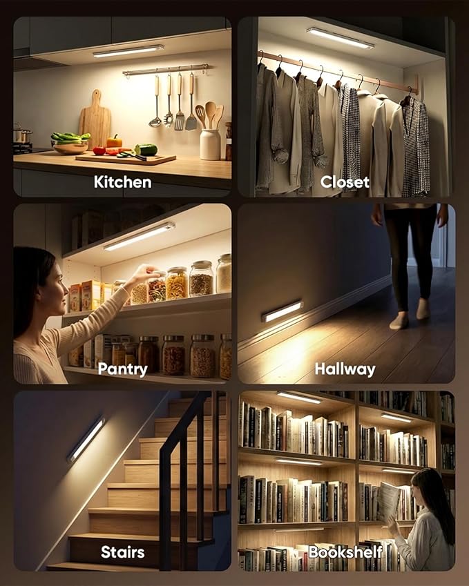 12inch Under Cabinet Lighting Wireless, 152LED Motion Sensor Light Indoor, USB Rechargeable Closet Lights, 3 Color Temps & Dimmable, Stick On Under Counter Lights for Kitchen, Pantry, Stairs, 5 Pack