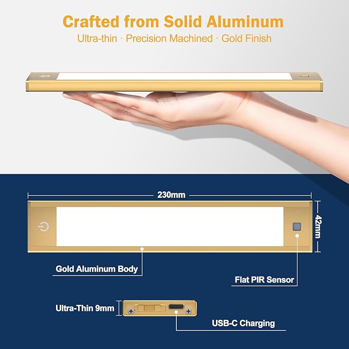 V4light Rechargeable Motion Sensor Under Cabinet Light, Magnetic LED Bar with 1500mAh Battery, Silver Aluminum Cabinet Lighting, Dimmable 3 Color Temperatures for Kitchen, Pantry & Closets (9 in)