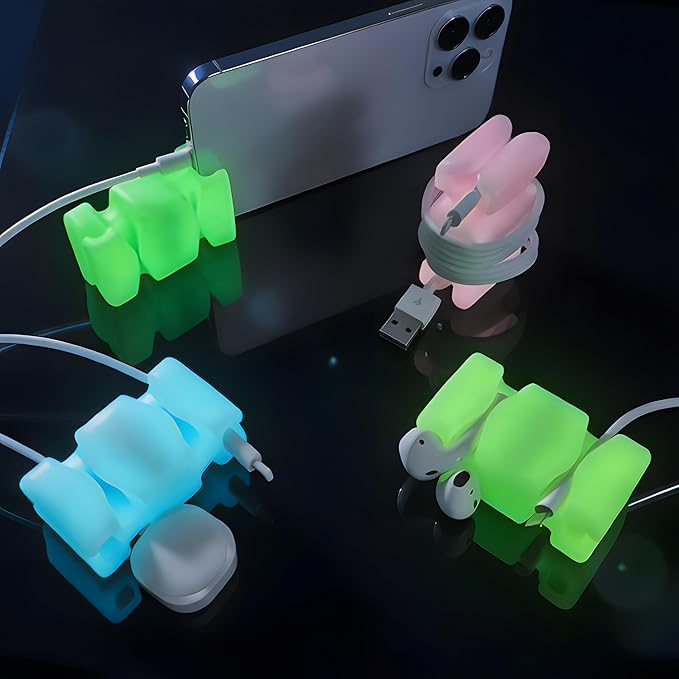 CordBrick 4PK Glowing Silicone + Steel Weighted Cable Holders for Nighstands, Cord Wraps for Travel, Unique iPhone Accessories. Small Graduation Gift for High Schoolers. Gadget for Teens. Asst Glow