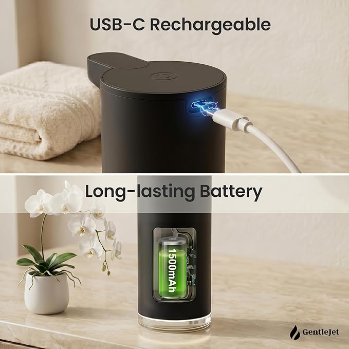 GentleJet EasyFoam Automatic Foaming Soap Dispenser, Touchless USB-C Rechargeable Sensor Pump, 304 Stainless Steel, Adjustable Foam, IPX5 Water-Resistant for Bathroom & Kitchen, 10 fl oz / 300 mL