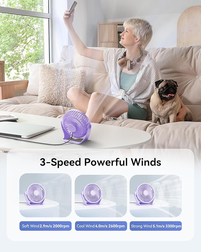 Edvision USB Desk Fan, 5 Inch Small Portable, 3 Speeds Powerful Wind Mini Personal Desktop Fan 360° Rotation Adjustable, Plug In USB Fan Quiet for Table Home Office Travel Car(Purple)