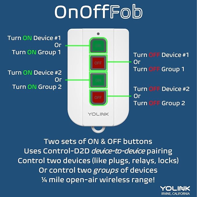 YoLink On/OffFob Programmable 2-Device/Group Smart Fob, LoRa Extreme Long (up to 1/4 Mile Open-air) Range for use with YoLink Smart Plugs, Light Switches, Plugs, Relays, Valves, Locks, etc.