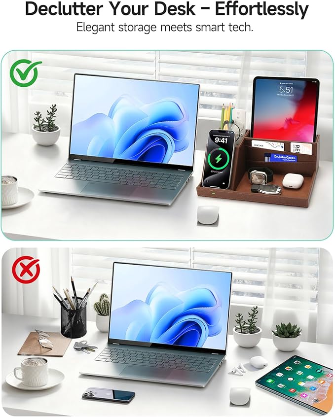 Fast Wireless Charging Station with Desk Organizer for iPhone 17/16/15/15 Pro/14/14 Pro Max/14 Pro/14 Plus/13/13 Pro Max/13 Pro/and iPhone 12/11 Series, Nightstand Desktop Organizer, Brown