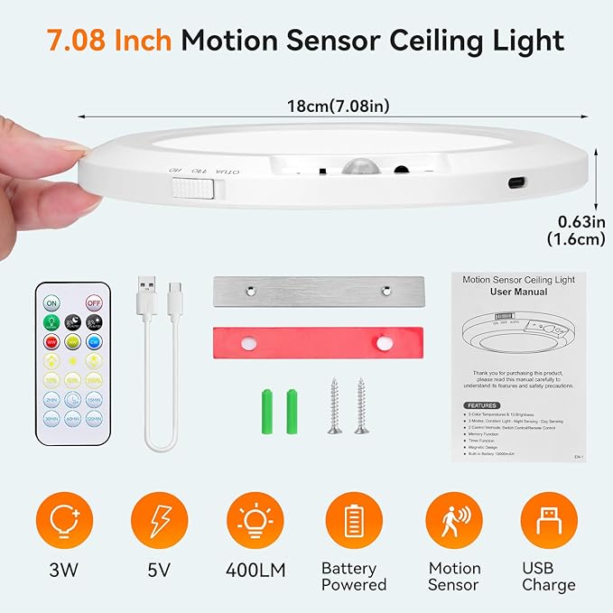 Rechargeable Motion Sensor Ceiling Light Indoor Outdoor w/Remote, 7.08 Inch Battery Operated Flush Mount Ceiling Light 3000K 4000K 6000K 400LM Dimmable for Closet Hallway Laundry Stairs (1)