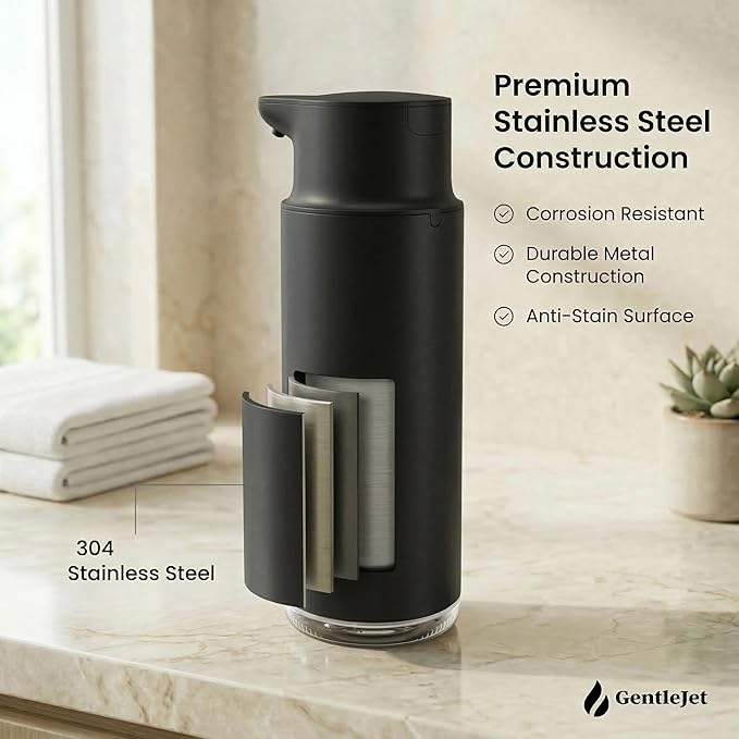 GentleJet CrystalJet Automatic Liquid Soap Dispenser Touchless Sensor, Stainless Steel, USB-C Rechargeable, Waterproof Kitchen & Bathroom Countertop Soap Dispenser, 300 ml