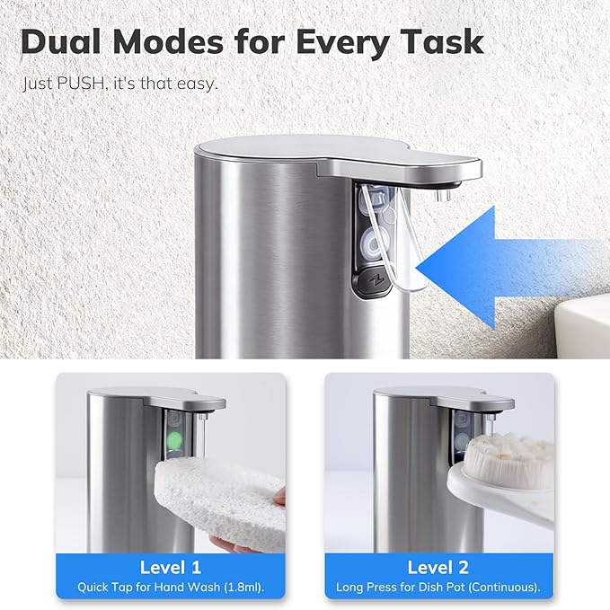 Umimile Electric Dish Soap Dispenser for Kitchen and Bathroom, 2 Mode Liquid Hand Soap Dispenser, 11.8oz Rechargeable with Type-C, IPX7 Waterproof (304 Stainless Steel)