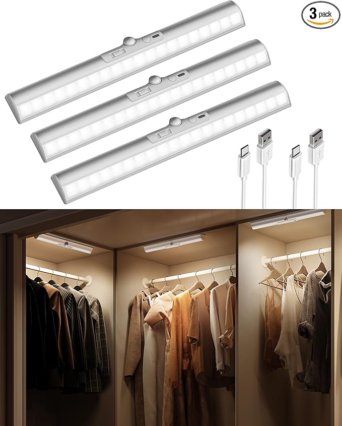 EZVALO 13-inch Motion Sensor Closet Light with Eye-Protection Design, 1800mAh Rechargeable Battery Cabinet Lighting, 3 Color Temps Night Light for Pantry, Closet - 3 Pack