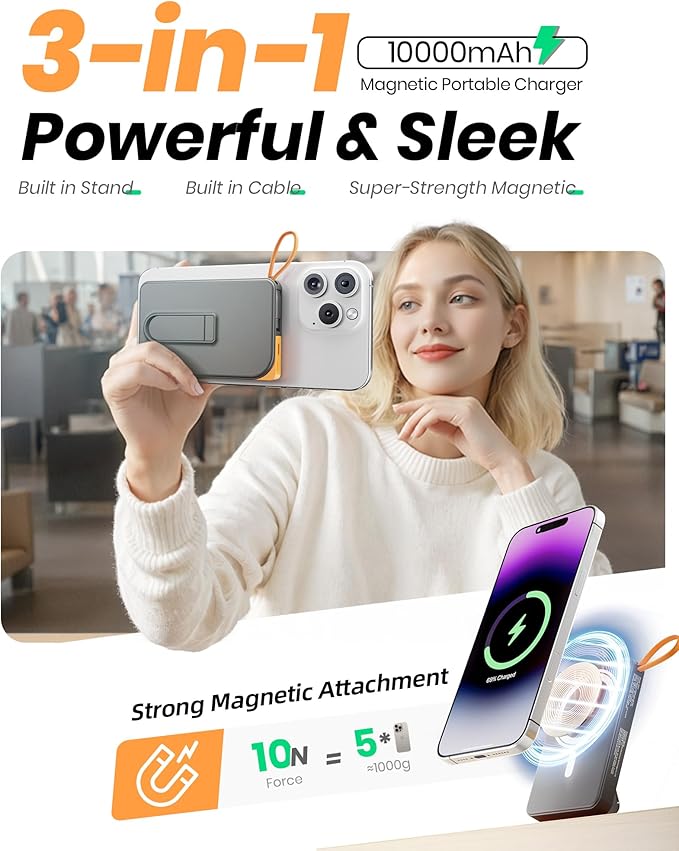 Magnetic Portable Charger, for Magsafe Battery Pack with Stand, 10000mAh Wireless Power Bank Fast Charging with Built in Cable(USB C), Powerbank for iPhone17/16/15/14/13/12 Travel & Daily, Purple