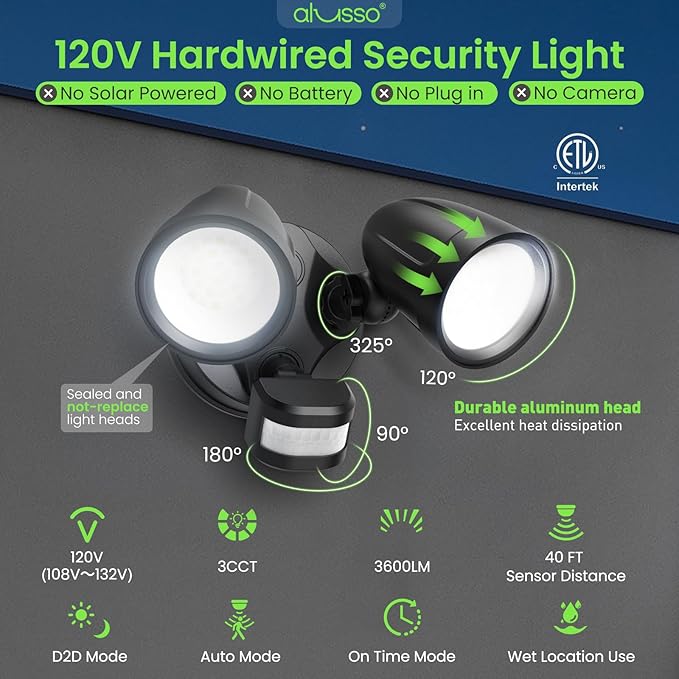 ALUSSO Motion Sensor Outdoor Lights Metal Heads, 30W 3600LM Flood Lights Outdoor 120V, 3 Modes Dusk to Dawn/Auto/On Time, 3000K 4000K 6500K Adjustable, Hardwired Security Light ETL Listed, Black 1PC