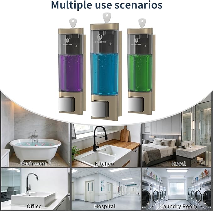 Manual Soap Dispenser Wall Mount, 6.76oz/200ml Liquid Soap Dispenser for Kitchen, No Drill Bathroom Shampoo and Conditioner Dispenser, Refillable Hand Sanitizer Dispenser for Home & Office (Gold)