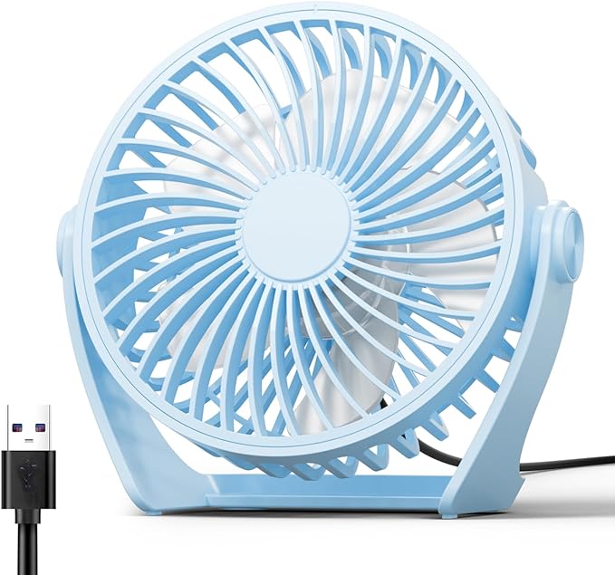 Edvision USB Desk Fan, 5 Inch Small Portable, 3 Speeds Powerful Wind Mini Personal Desktop Fan 360° Rotation Adjustable, Plug In USB Fan Quiet for Table Home Office Travel Car(Blue)