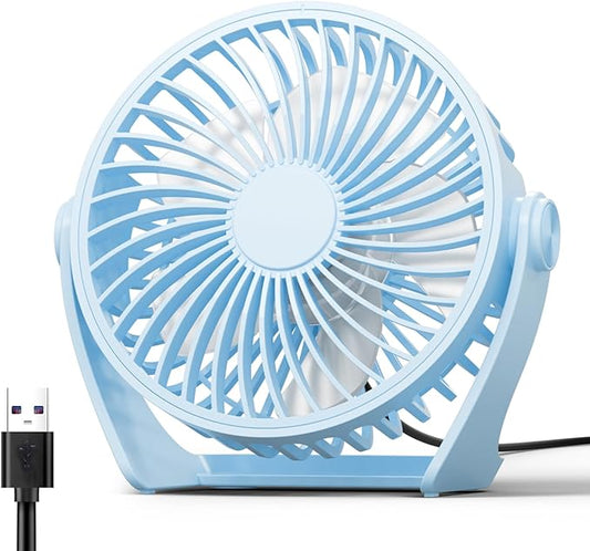 Edvision USB Desk Fan, 5 Inch Small Portable, 3 Speeds Powerful Wind Mini Personal Desktop Fan 360° Rotation Adjustable, Plug In USB Fan Quiet for Table Home Office Travel Car(Blue)