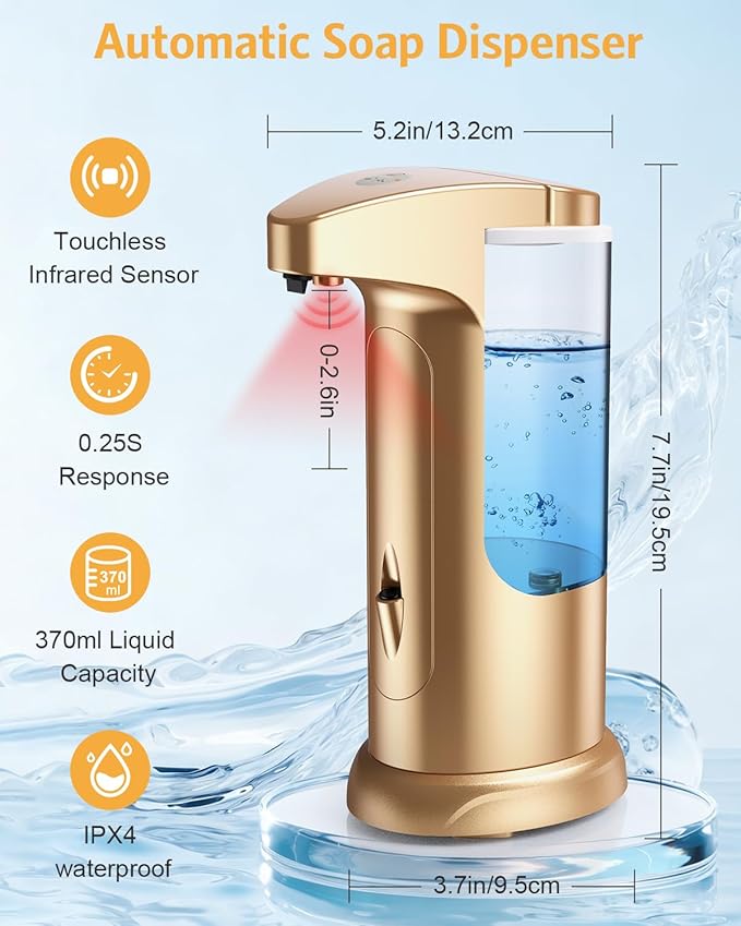 Automatic Soap Dispenser, 2 Pack Touchless Liquid Soap Dispensers, 370ml Battery Operated Hand & Dish Soap Dispenser with Infrared Sensor, 3 Dispensing Levels for Kitchen Bathroom, Gold