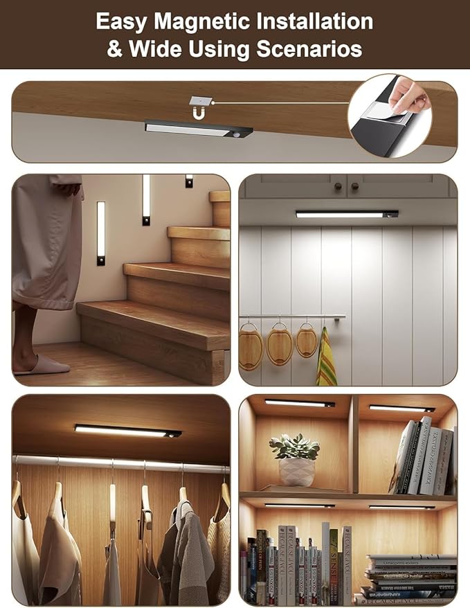 5Pack Under Cabinet Lighting wireless, 3000mAhunder cabinet lights rechargeable, 8inch Magnetic Closet Lights with Dimmable & 3 Color Temps, Cabinet lights with Remote under counter lights for kitchen