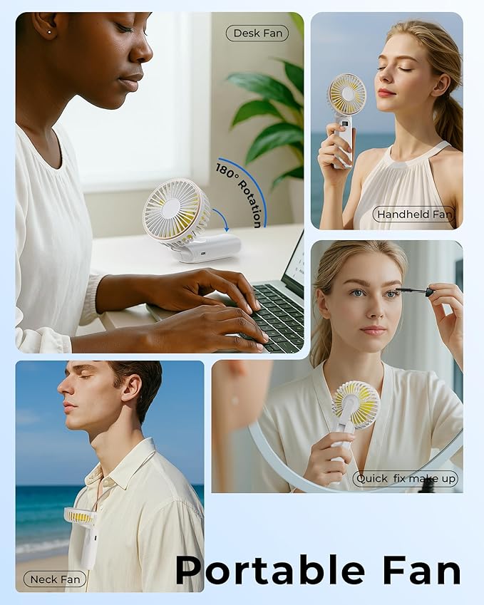 TUNISE Portable Handheld Fan, Portable Fan Rechargeable, 4000mAh, 180° Adjustable, 6 Speed Wind, Display Electricity in Real Time, USB Rechargeable Foldable F an, Quiet Personal Fan with Power Bank