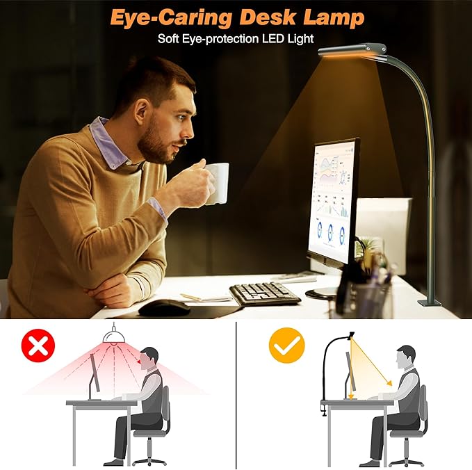 Airlonv LED Desk Lamp for Office Home, Eye-Caring Desk Light with Stepless Dimming Adjustable Flexible Gooseneck, 10W USB Adapter Desk Lamp with Clamp for Reading, Study, Workbench (Green)