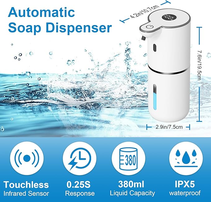 OHIFAST Automatic Liquid Soap Dispenser Touchless, USB Rechargeable Smart Hand Soap Dispenser, 6-Level Adjustable, 12.8oz/380mL Wall Mounted for Bathroom Kitchen Accessories Dish Soap-White
