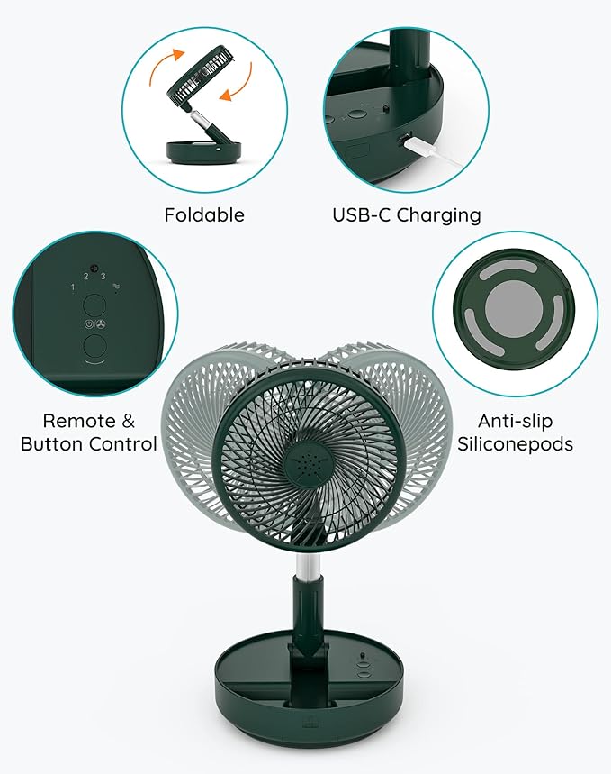Primevolve Portable Fan, |21H Battery|7200mAh Rechargeable Oscillating Fan with Remote, Foldable Telescopic 7.7" for Travel Camping Cruise Hotel Bedroom, Green
