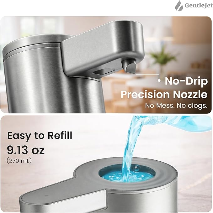 GentleJet OpalDrop Automatic Liquid Soap Dispenser for Kitchen Sink Touchless No-Drip Pump, USB-C Rechargeable, 304 Stainless Steel, IPX5 Water-Resistant, 270 ml