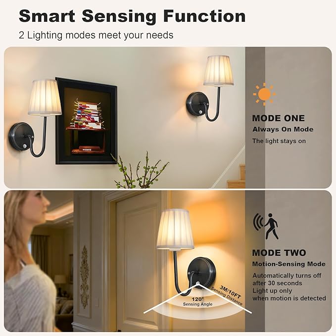 Cordless Motion Sensor Wall Sconce Set of 2, Rechargeable Wireless Wall Lamp with 5200mAh Battery, Dimmable Wall Sconce Light with Switch and Remote for Living Room Bedroom Hallway, Black
