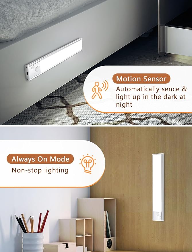 Under Cabinet Motion Sensor Lighting: 8 Inch Dimmable Rechargeable Lights Indoor - Battery Operated Lights - Undercabinet Closet Light Magnetic Led Light for Kitchen Home Bathroom Counter 2 Pack