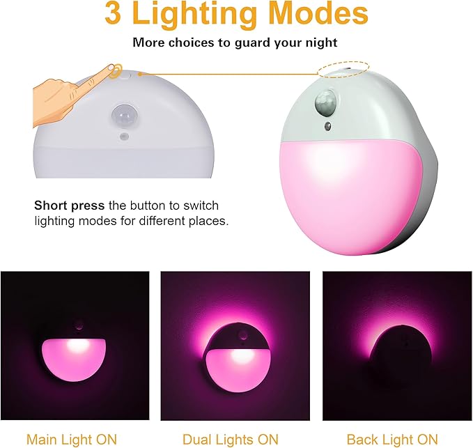 YUNLEX 2 Pack Pink Battery Night Light, Motion Activated Night Light, 2.6" Small Sticky Lights, 3 Light Modes, Dimmable Soft Glow for Bedroom, Nursery, Baby, Kids, Sleep, Soothing Fear of The Dark