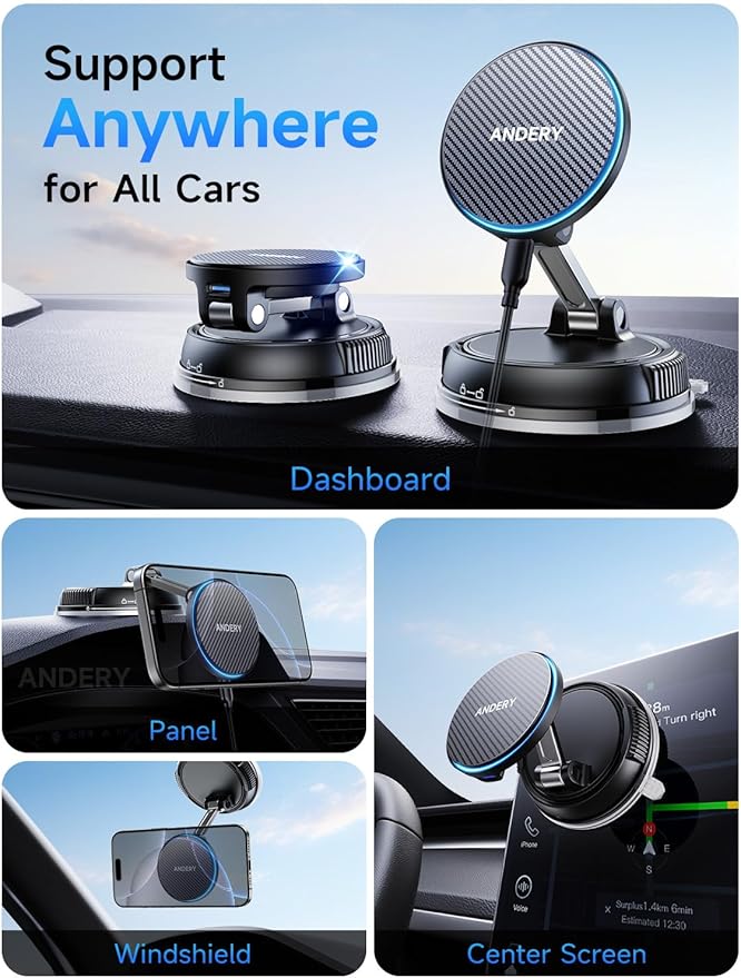 ANDERY Only for iPhone Magsafe Car Mount Charger [15W Fast Wireless Charging, 78+LBS Strong Suction 2400gf Strong Magnetic] 360° Adjustable Car Phone Holder, Phone Holders for Your Car for pats & mats
