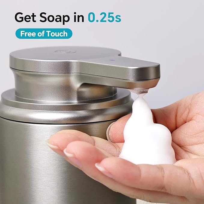 Automatic Soap Dispenser Stainless Steel Touchless Foaming Soap Dispenser for Bathroom Auto Rechargeable Hand Soap Pump (Silver)