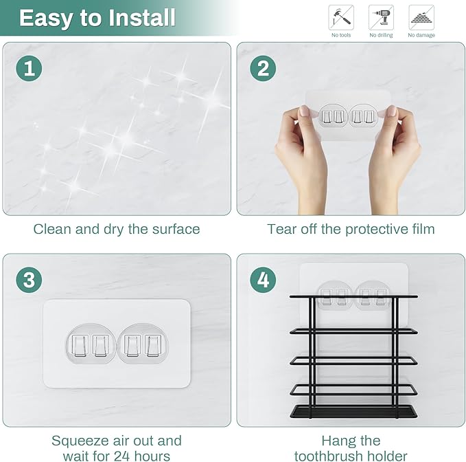 Shower Toothbrush Holder Wall Mounted, Adhesive Toothpaste Organizer for Bathroom Wall, Hanging Razor Tooth Brush Holder Caddy with Drainage, Black RV Camper Bathroom Organizers and Storage