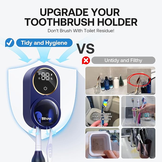 Bitvae Upgraded Tooth Brush Holder for Bathroom 2.0, Infrared Sensing Toothbrush Cleaner, Wall-Mounted for Most Size Toothbrushes, Air Drying, LED Smart Screen, Navy Blue