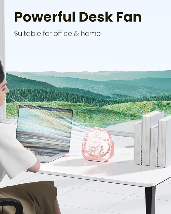 Gaiatop USB Desk Fan, 3 Speeds Strong Airflow, 5.5 Inch Portable 90° Rotate Quiet Cooling, Small Personal Table Fans for Bedroom Home Office Travel Pink