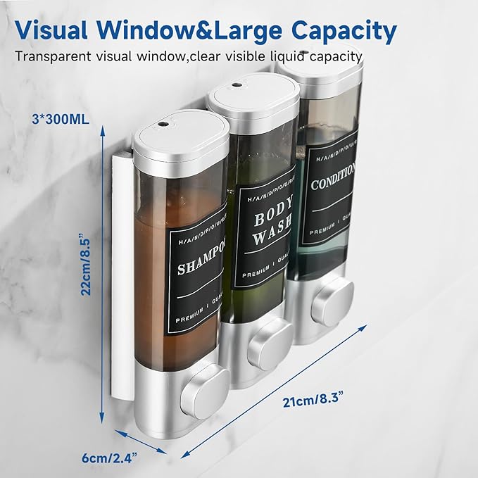 Shampoo and Conditioner Dispenser,Shower Dispenser 3 Chamber No Drill Wall-Mounted Shampoo Dispenser for Shower Wall Mounted Body Wash Dispenser for Bathroom Hotel Kitchen Large Capacity,Silver