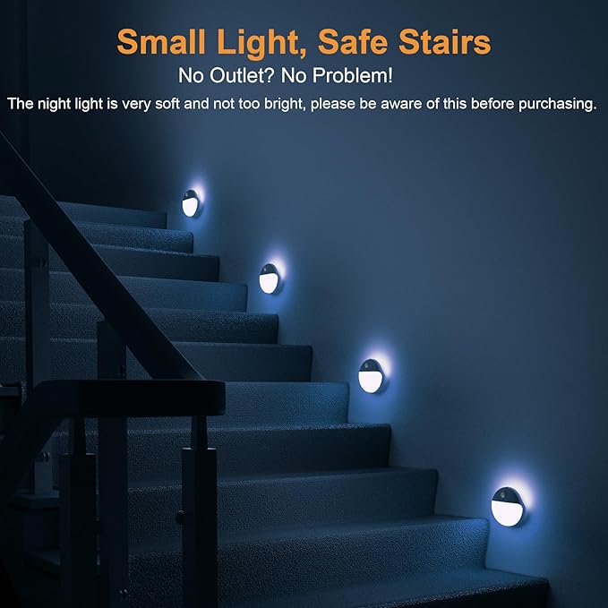 YUNLEX 2 Pack Azure Battery Night Light, Motion Activated Night Light, 2.6" Small Sticky Lights, 3 Light Modes, Dimmable Battery Operated Lights for Travel, Toilet, Bathroom, Closet, Stairs,Corridor