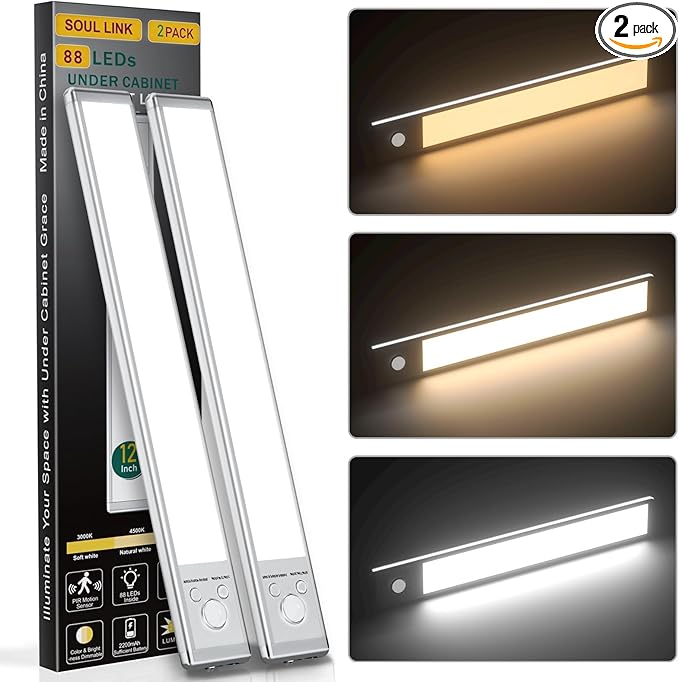 12" Under Cabinet Lights,88 LED Operated Motion Sensor Light Indoor,2200mAh USB Rechargeable Closet Lights, 2 Pack Magnetic Dimmable Closet Lights?Wireless Under Counter Lights for Kitchen, Stairs