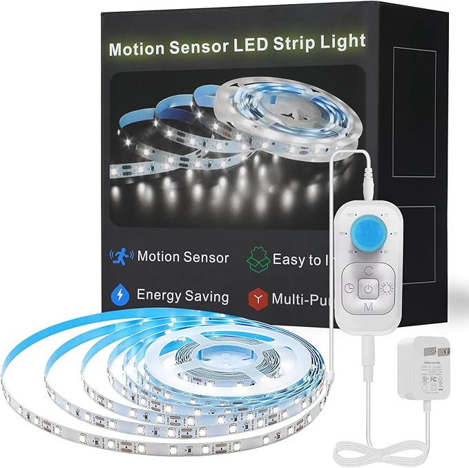 Motion Sensor LED Strip Light - Cabinet Strip Lights with 24W Plug, Dimmer, and Timing, 9.84ft for Under Cabinet, Kitchen, 6000K ColdWhite