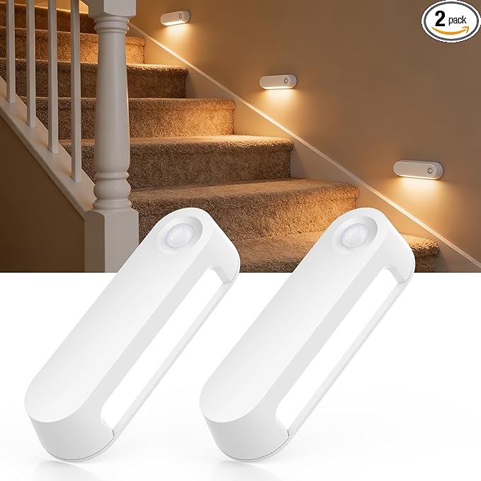Motion Sensor Night Light, 1800mAh Rechargeable Battery Operated Step Lights, 3000K Warm White Wireless Under Cabinet Lighting for Stairs, Hallway, Closet, Bedroom, Kitchen (2 Pack)