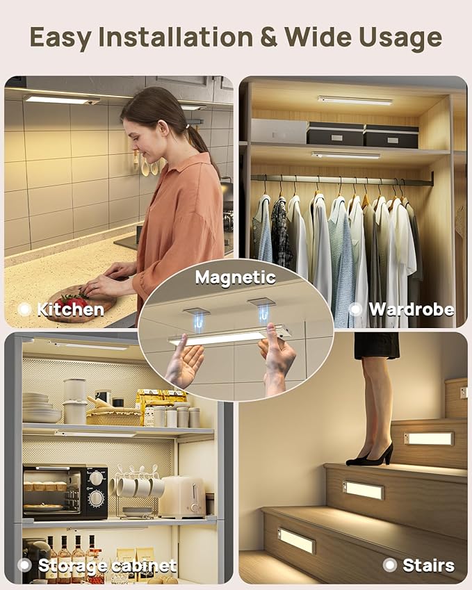 12" Under Cabinet Lights Wireless, Motion Sensor Light Indoor with Remote, LED Rechargeable Closet Light, 3 Color Temps, Dimmable, Magnetic, Under Counter Lights for Kitchen, Stairs, Pantry