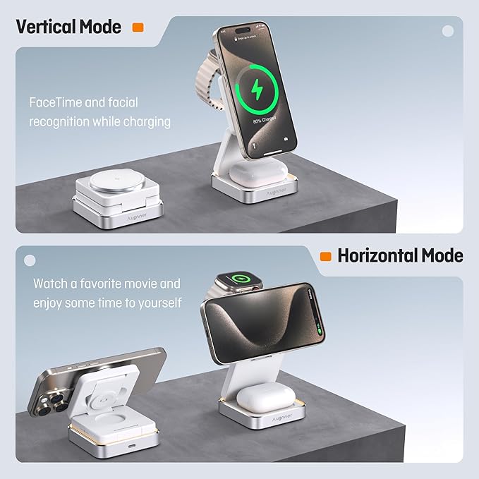 【2026 Upgraded】Wireless Charger 3 in 1, Foldable Wireless Charging Station with Light for Apple Magnetic Charger, Travel Magnetic Charger for iPhone 17/16/15/14/13/12 Apple Watch AirPods (20W Adapter)