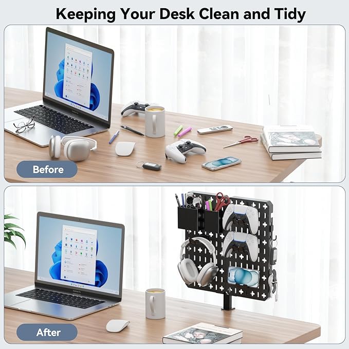 KDD 7 in 1 Clamp-on Desk Pegboard - No Drill Desk Side Storage with Phone Stand/Pen Holder/Storage Box/Headset & Controller Holder/Hooks, Detachable Gaming Pegboard for Office & Home Desktop Organizer