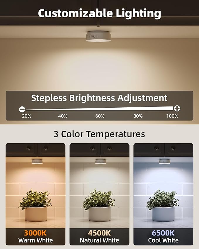 EZVALO 4 Pack Motion Sensor Closet Lights with Charging Station, 1200mAh Rechargeable LED Under Cabinet Lighting, Puck Light, Dimmable, 3 Color Temps, Magnetic, Stick-On for Kitchen, Closet, Stairs