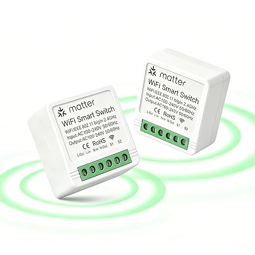 Matter Smart Switch, Smart Light Switch, WiFi Mini DIY Module, eWeLink Web, Flush-Mounted, APP & Voice Control, Smart Switches for Lights Compatible with Apple, Alexa & Google, 2PCS